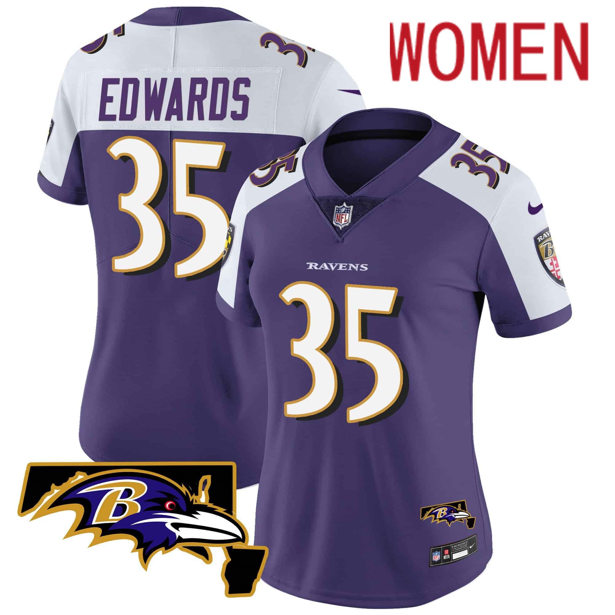 Women Baltimore Ravens #35 Edwards Purple 2024 Nike Maryland Patch Vapor Limited NFL Jersey